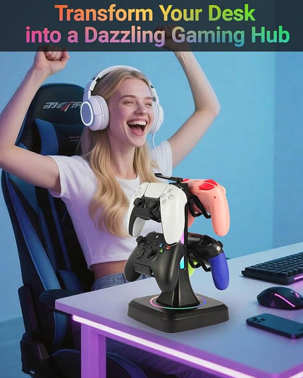 Controller Headset Stand with 10 Color Light Modes - RGB Headphone Holder for PS5, Xbox, Switch - Gaming Room Decor, Desk Organizer for Gamers
