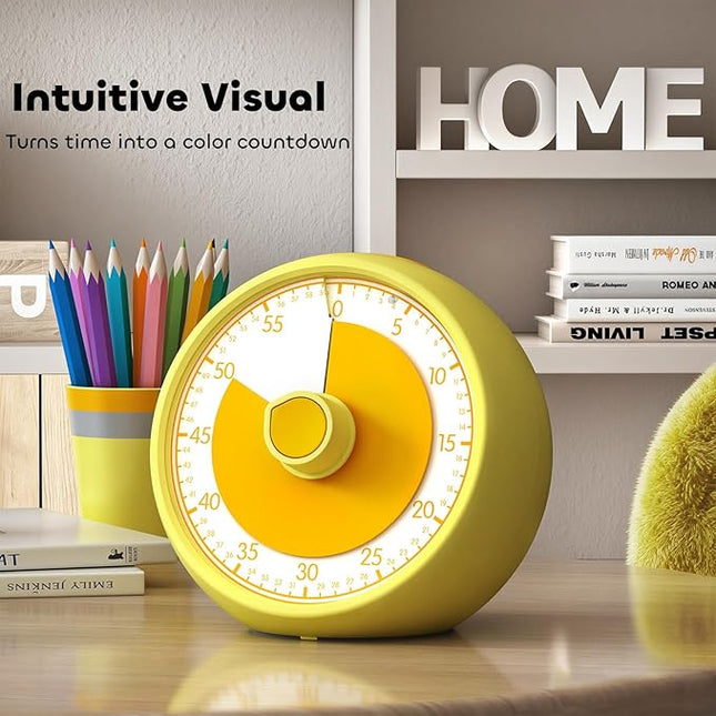 Conchstar Visual Timer 60-Minute Countdown Timer with Optional Alarm, Focus Tool for ADHD & Autism, Time Management for Homework, Chores, Office, Kitchen, Teaching & Study Routines (Yellow)