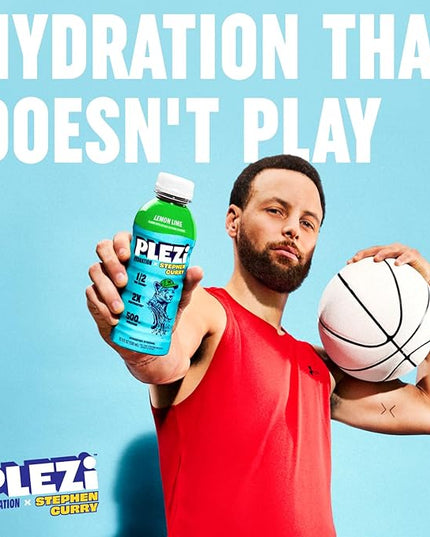 PLEZi Lemon Lime Hydration Drink x Stephen Curry - Sports Drinks with 2X Electrolytes - 500mg Potassium, Low Sugar, No Added Sugar - For Kids & Adults - 16.9 Fl Oz (12 Pack)