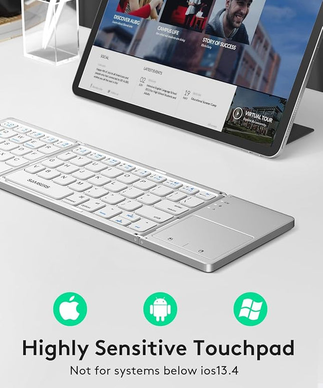 Samsers Foldable Bluetooth Keyboard with Touchpad - Portable Wireless Keyboard with Holder, Rechargeable Full Size Ultra Slim Pocket Folding Keyboards for Android Windows iOS Tablet & Laptop - Silver