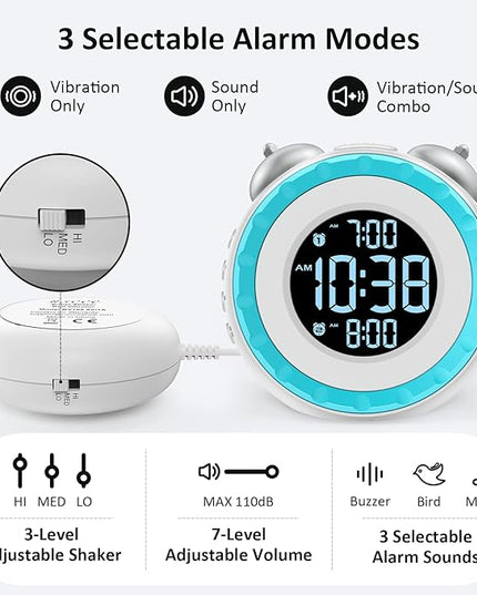 uscce Loud Dual Alarm Clock with Bed Shaker - 0-100% Dimmer, Vibrating Alarm Clock for Heavy Sleepers or Hearing Impaired, Easy to Set, USB Charging Port, Snooze, Battery Backup (White)