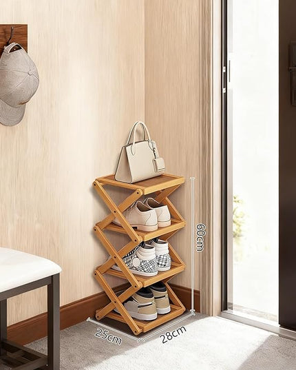 YYW Shoe Rack, Foldable Shoes Organizer Free Standing Shelf for Entryway, Closet, Hallway, Foldable X Shape Multi Tier Shoe Rack (Wood Color,4 Layers)