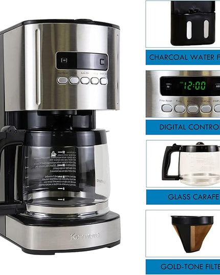 Kenmore Drip Coffee Maker - Programmable Cafe Machine With Glass Pot, Regular & Bold Brew, Auto Shut Off Large Water Reservoir, Reusable Filter, Kitchen Appliances For Cafeteria Barista, 12 Cup Black