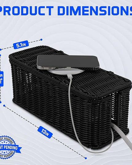 Cable Management Box, Handmade Rattan Cable Organizer, 2 Open Slots Cords Hider Box, Under Desk Cord Organizer for Computer Router USB Hub & Power Strip, Patent Pending, 13" x 5.1" x 5.1", Black