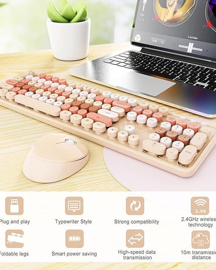 Wireless Keyboard and Mouse Combo, Ergonomic Full Size Typewriter Retro Round Keycaps Keyboard, Compatible with Windows, PC, Perfer for Home and Office Keyboards (Chocolate Color)