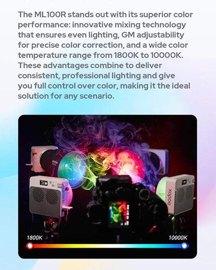 Godox ML100R 110W RGB LED Video Light, with Interchangeable 15° Reflector/1800-10000K CCT/14 Cinematic FX Effects/Multiple Power Options/Supports App Control,for Filming/Live Streaming etc.