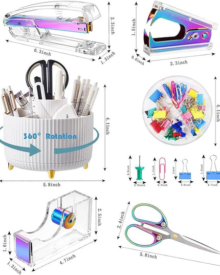 Desk Organizers and Accessories Set with 360-Degree Rotating Pen Holder, Acrylic Stapler, Tape Holder, Staple Remover, Binder/Paper Clips Kit, Scissor and 1 Box of Staples