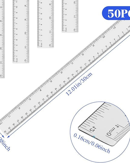 Zonon 50 Pcs 6 Inch/12 Inch Plastic Rulers Bulk Flexible Straight Rulers with Inches Centimeters First Day of School Gift Students Back to School Office Home Supplies(Clear,12 Inch)