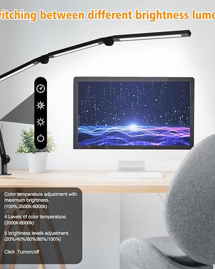 LED Desk Lamp with Clamp,Adjustable Swing Arm Desk Lamps for Home Office,Dimmable Tempering Eye Care Desk Light Bright Modern Led Table Lamp for Nail Tech Architect,Flexible Tall Task Table Light