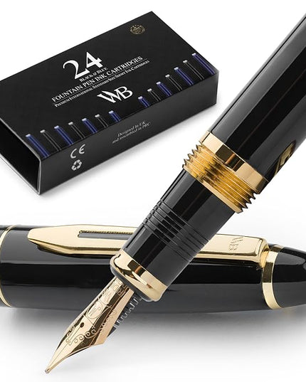 Wordsworth & Black Majesti Fountain Pen-(Black), Luxury Case, Gold Finish; 18K Gilded Medium Nib- Ink Cartridges, Refillable Ink Converter-Calligraphy Pen-Best Business Gift Set for Men & Women