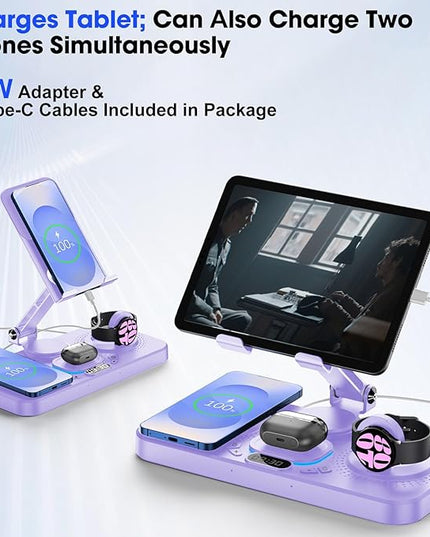 30W Magnetic Wireless Charger for Samsung Foldable Android Mag-Safe Charging Station for Galaxy Tab with Clock &7 Color Light, Watch Charger for S25 Ultra, for Samsung Watch8, Galaxy Buds3 Pro(Purple