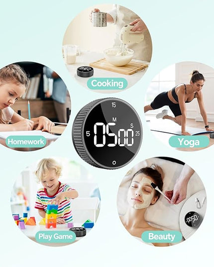 Digital Kitchen Timer, Large Display Magnetic Countdown Countup Timer, 3 Preset Times (5, 15, 25),Volume & Brightness Adjustable for Cooking Classroom Studying, Easy for Kids (Black,2Pcs)