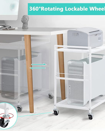 YBING Computer Tower Stand White PC Tower Stand 2 Tier CPU Holder with Wheels Metal Mobile Computer Tower Cart Rolling PC Cart Floor for Fax Home Office