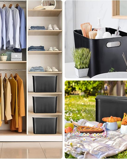 Hoolerry 8 Pieces Colorful Storage Bins with Lid, Plastic Storage Basket Organizing Container Stackable Box with Handle for Shelves Desktop Playroom Office(14.2 x 10.2 x 9.5 Inch,Black)