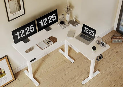 Claiks L Shaped Standing Desk Adjustable Height, Dual Motor Electric Corner Standing Desk, 63x55 inch Sit Stand up Desk with Splice Board, White