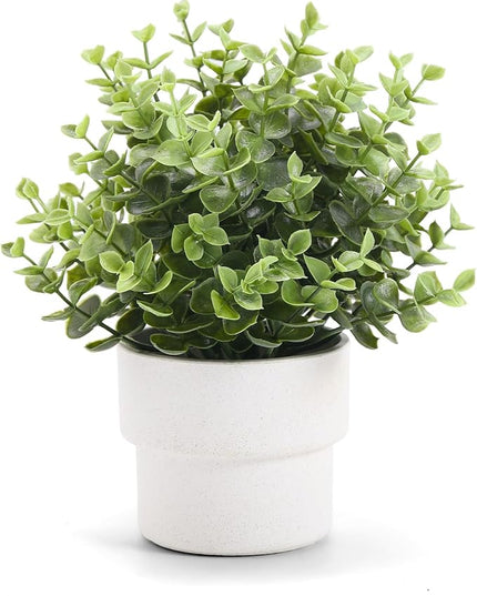 Coferset Small Fake Plants 7.45” Eucalyptus Potted Artificial Eucalyptus Plant for Home Bathroom Office Farmhouse Restroom Shelf Desk Mantel Coffee Table Decor (Green)