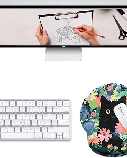 Ergonomic Mouse Pad Wrist Support, Flower Cat Mouse Pads with Wrist Rest, Cute Funny Computer Mousepad with Non-Slip PU Base, Comfortable Mouse Pad for Desk Accessories Office Supplies Decor