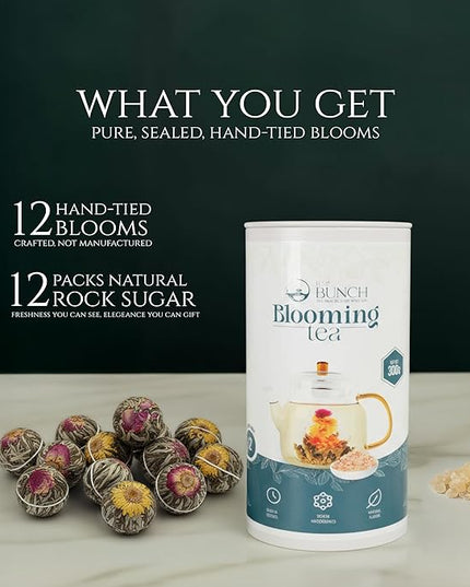 Tea Bunch Blooming Flower Tea Set – 12 Hand-Tied Organic Green Tea Balls with 12 Packs of Rock Sugar, Gift-Ready Packaging, Calming Floral Tea for Wellness & Relaxation (Glass Teapot Not Included)