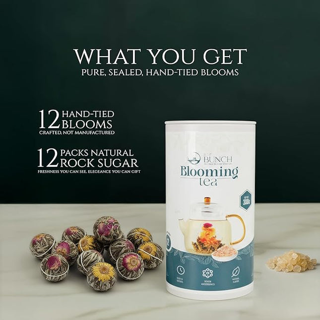 Tea Bunch Blooming Flower Tea Set – 12 Hand-Tied Organic Green Tea Balls with 12 Packs of Rock Sugar, Gift-Ready Packaging, Calming Floral Tea for Wellness & Relaxation (Glass Teapot Not Included)