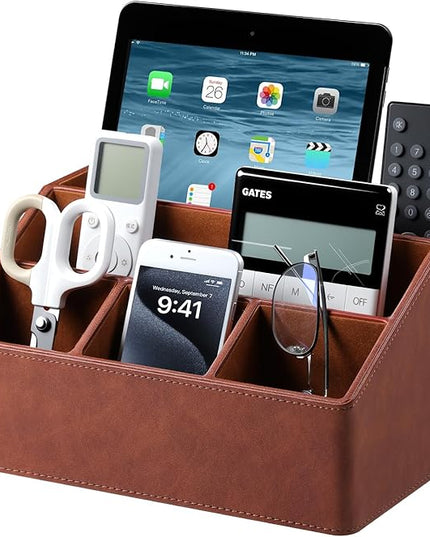 Cretkhp Remote Control Holder with 5 Compartments for Office Art Supplies, PU Leather Nightstand Organizer Pencil Pen Desk Caddy for Home, Desktop TV Remote Control Organizer Storage (Brown)