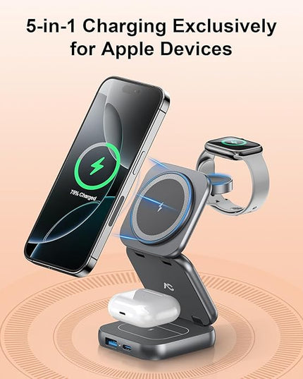 5-in-1 Wireless Charger for MagSafe, AC ISLAND Portable Travel Charging Station, 35W Max Fast Foldable Magnetic Stand, Evolved for iPhone 17-12 & Air Series, Apple Watch, AirPods (with 35W Adapter)