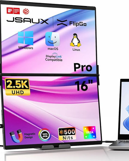 JSAUX FlipGo Pro 16" Dual Portable Monitors, 2.5K Triple Laptop Screen Extender, Portable IPS Dual-Screen Monitor for Laptop[for Windows/Linux/macOS] One Cable to Dual/Magnetic Design/DisplayLink