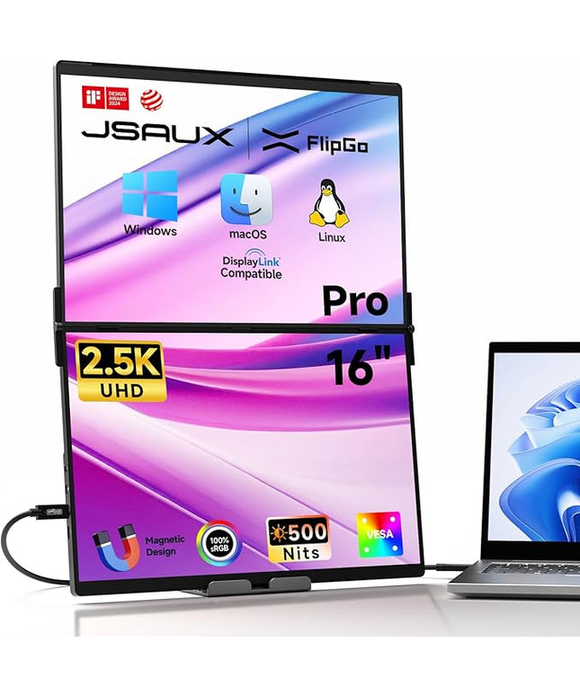 JSAUX FlipGo Pro 16" Dual Portable Monitors, 2.5K Triple Laptop Screen Extender, Portable IPS Dual-Screen Monitor for Laptop[for Windows/Linux/macOS] One Cable to Dual/Magnetic Design/DisplayLink