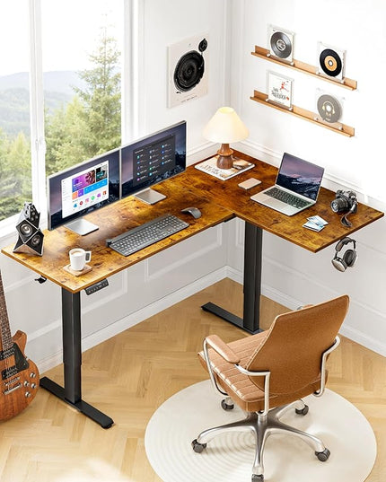 HUANUO 63x40 inch Dual Motor L Shaped Electric Standing Desk with 3 Preset Heights, Electric Height Adjustable Computer Table, 2 Hooks & Cable Tray, Raising Desk for Home Office, Vintage Brown