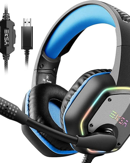 EKSA E1000 Gaming Headset, Computer Headphones with Noise Canceling Mic & RGB Light, 7.1 Surround Sound, Compatible with PC, PS4 PS5 Console, Laptop (Blue)
