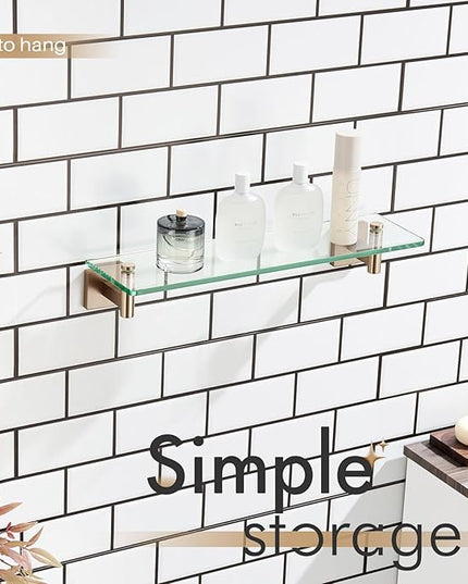 KOKOSIRI Wall Shelves Bathroom Hardware Tempered Glass Floating Shelf Hanging Rack Storage/Room Decor 20-Inch Champagne Bronze 2 Pack B1105CPG-L20-P2
