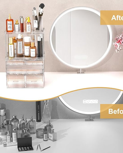 2-Tier 5-Drawer Bathroom Countertop Organizer : Multi-Purpose Makeup Organizer Countertop - Large Skincare Holder Exquisite Vanity Tray - Perfume & Skincare Storage Amber Clear