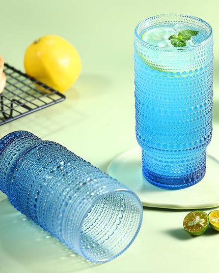6pcs Hobnail Drinking Glasses Set, 16 oz Vintage Glassware Drinking Glasses, Gradual Blue Water Glasses Tumbler, Cups for Kitchen, Juice, Beer, Cocktail, Whiskey
