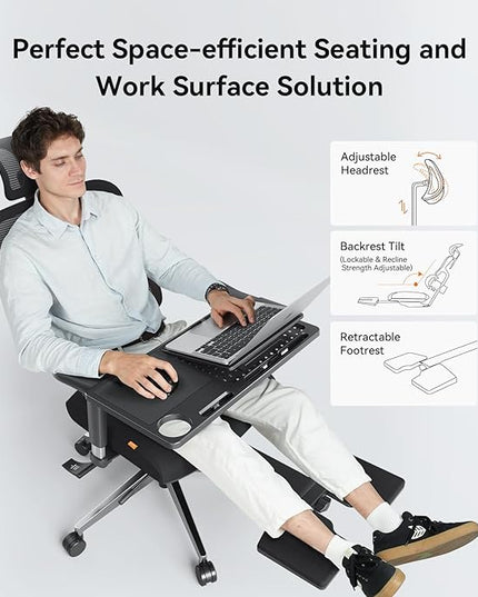 Newtral Office Chair Ergonomic - Home Office Desk Chair, Big and Tall Office Chair, Auto-Following Lumbar Support for Back Pain, Adjustable Seat Depth and Height (with Footrest + Laptop Tray, Black)