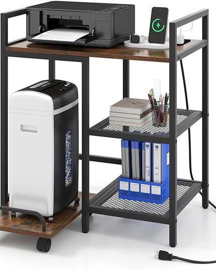 Giantex 3-Tier Printer Stand with Charging Station, 2 Open Storage Shelves, Side PC Stand on Wheels, 25" x 16" Mobile Printer Table for Computer Tower, Printer Shredder, Fax, Under Desk, Home Office