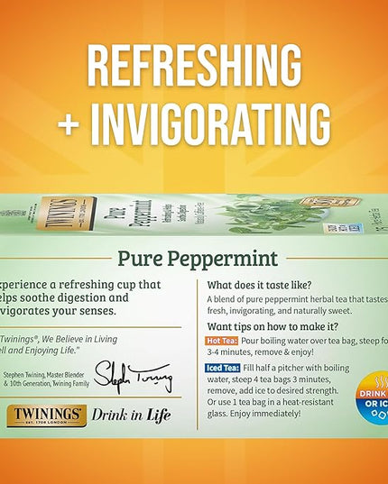 Twinings Pure Peppermint Herbal Tea Individually Wrapped Bags, 25 Count (Pack of 6), Fresh Minty Flavour, Naturally Caffeine-Free, Enjoy Hot or Iced, 150 Teabags