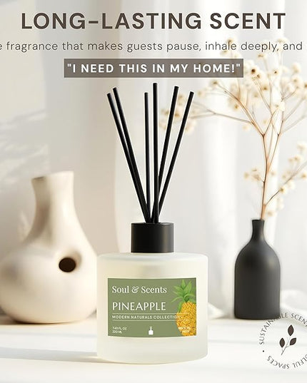 Soul & Scents Reed Diffuser Set – Pineapple | 7.43 oz Refillable Scented Oil with 6 Fiber Sticks | Long-Lasting Home Fragrance & Air Freshener for Bedroom, Bathroom, Office | Gift & Décor Piece