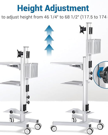 Yescom Mobile Computer Cart Rolling PC Stand Desk Workstation on Wheels with Monitor Mount Adjustable Keyboard Tray CPU Printer Holder for Hospital Clinic School Office Silver