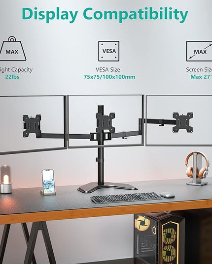 WALI Triple Monitor Stand, Free Standing Three LCD Monitor Fully Adjustable Desk Mount Fits 3 Screens up to 27 inch, 22 lbs Weight Capacity per Arm (MF003), Black