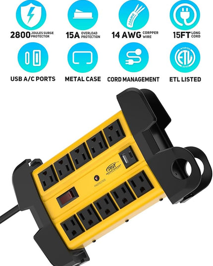 CRST Heavy Duty Power Strip with USB (3.1A),10-Outlet Metal Surge Protector Power Strip with 15FT Cord(2800J),15A Circuit Breaker, Wall Mount, ETL Listed