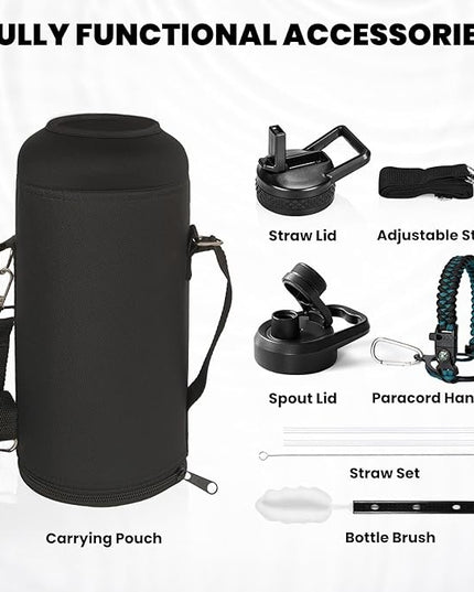 Insulated Water Bottle 87 oz, Triple Wall Vacuum Stainless Steel (Cold for 48 Hrs), Leak Proof & Non-BPA, Modern Water Flask Jug with Paracord Handle & Straw Spout Lids, Indigo/Black