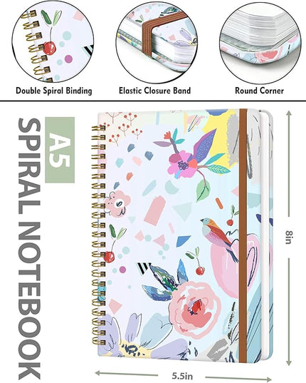 Spiral Journal Notebook for Women, Hardcover A5 College Ruled Notebook, 120 Pages, Thick Paper, Cute Lined Journal for School, Office & Work, 6 x 8.4 in(Artistic Floral)