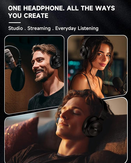 AOC Bluetooth Over Ear Headphones, Wireless Studio Monitor & Mixing DJ Headphones with 72H Playtime, Hi-Res, Built-in Mic, 3.5mm/6.35mm Wired Audio Jack for Guitar AMP, Podcast, PC Gaming - Black