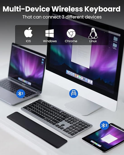 Wireless Keyboard, Bluetooth Keyboard with Leather Palm Rest, Backlighting, Multi-Device Pairing, USB C Rechargeable, for Windows, Mac, iOS, Android, Chrome, Office, Students, Long Hours Typing