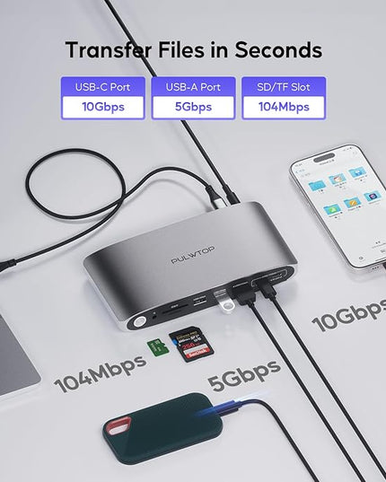 DisplayLink Docking Station Triple Monitor with 140W Power Adapter, PULWTOP 4K@60Hz Laptop Docking USB C Dock for MacBook M1/M2/M3, Windows, 3xHDMI, 2xDisplayPort,5xUSB C/USB A Data/Charging