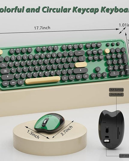 Kootop Wireless Keyboard,Cute Colorful 104 Keys Typewriter Retro Round Keycaps Keyboard for PC Laptop,Desktop,Windows, Home and Office Keyboards (Black Green)