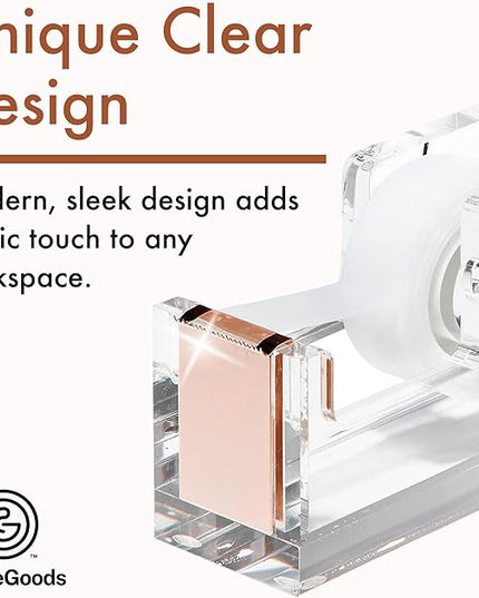 OfficeGoods Acrylic Tape Dispenser – Modern Desk Organizer for Office Supplies – Heavy Duty Refillable Tape Holder for Home and School Crafting – Stylish Desktop Accessory for Gift Wrapping, Rose Gold