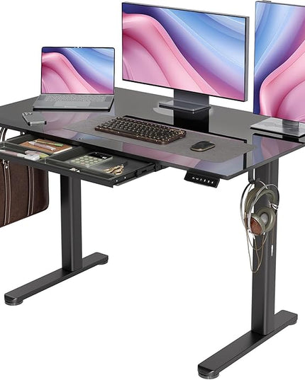 INNOVAR Glass Standing Desk with Drawers, 48×24 Inch Adjustable Stand Up Desk, Quick Install Home Office Computer Desk, Black