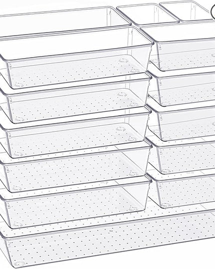 Criusia Drawer Organizer, 18 Pack Large Clear Plastic Kitchen Drawer Organizers Set, 6 Size Versatile Bathroom and Vanity Drawer Organizer Trays, Storage Bins for Makeup, Bedroom, Kitchen Utensils