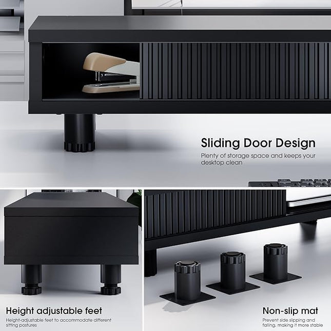 Fenge Dual Monitor Stand, 42.5inch Long Monitor Stands Riser for 2 Monitors, Sliding Door with Storage Organizer Stand for Desk, 2 Tier Desk Shelf for Laptop, Pc, Printer, Computer, TV