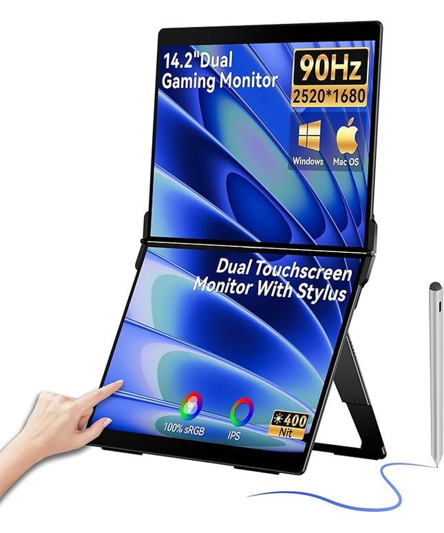 EHOMEWEI X2 Air Touchscreen Portable Dual Monitor 2.8K 90Hz QLED with Stylus Pen 14.2“*2 IPS 2520 * 1680 Display, 400 Nit Brightness 1500:1, 100% sRGB, for Office/Home/Travel Laptop Extender Screen